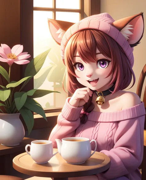 1girl, :3, tamaki,animal_ears, animal_on_lap, animal_on_shoulder, bell,bow, brown_headwear, cafe, calico, cat_ears, cat_girl, ca...