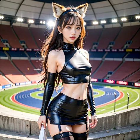 (8k, masterpiece, highest quality, high resolution, photorealistic), (1girl), inside the stadium, cheerleader, (body wet with sweat, face wet with sweat: 1.3): 0.2, medium breasts, beautiful thighs, ruffled miniskirt, knee-high boots, beautiful Japan woman...