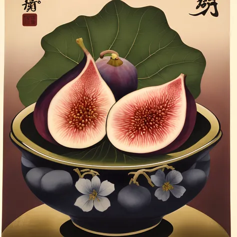 There is a drawing of a fig in a bowl with leaves, by Ikuo Hirayama, by Kanzan Shimomura, by Kaii Higashiyama, by Central Plains Nantianfang, by Shibata Zeshin, Speedwater County, shusei nagaoka, by Fujishima Takeji