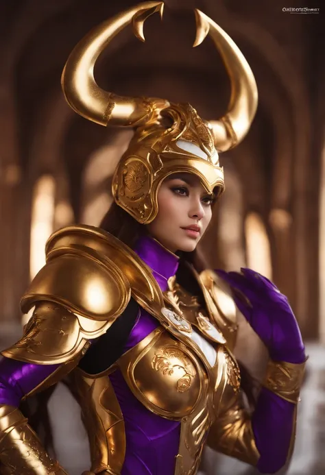 （1 girl）， full bodyesbian，Saint Seiya Armor， Wearing the golden armor of an Aries，sexy armor， Detailed armor pattern，Bling armor，Gorgeous Hair in Long Purple，Plump breasts，gigantic cleavage breasts:1.6， Long hair，Shiny skin:1.4，primitive，tmasterpiece，ultra...