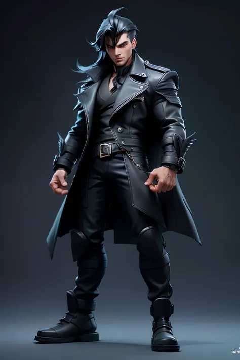 Full body shot, comic male character, long slicked back flowing hair, muscular, wearing full black blazer and flowing leather trench coat, standing side view with ((hand behind pose)), black cloud sky, sc3D 12K resolution of style character in detailed ful...