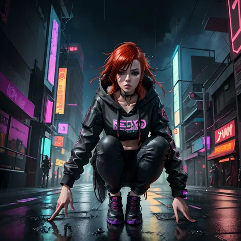 best quality, masterpiece, cinematic, realistic, cyberpunk, cyberpunk city, neon, volumetric lighting, black sky, (raining, thunderstorm), 1girl, (cyberpunk clothing, hoodie, pants, punk clothes), (flowing red hair), water reflecting off ground, ((hidden f...