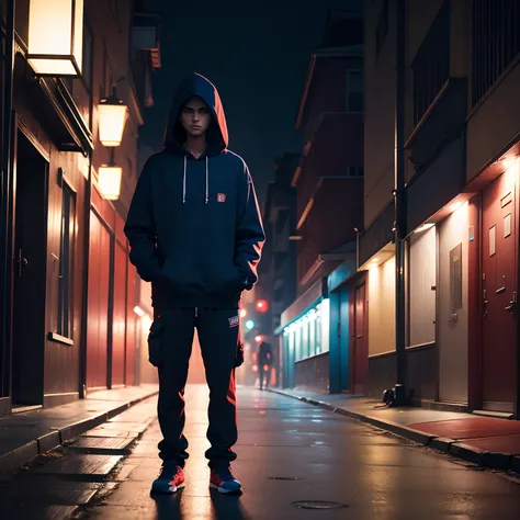 Man wearing hoodie , night theme , standing alone in a lonely street , with red and blue light , 4k realistic image