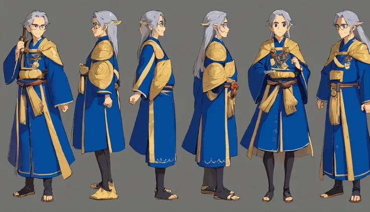 a detailed model sheet for a fantasy character. The character is a young wizard. He has long, silver hair that shimmers like the full moon, deep blue eyes, and a dark blue velvet robe with golden embroidery. He carries a magical staff with engraved runes a...