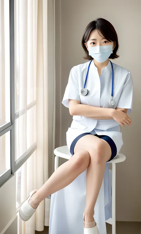 Woman in white frosted suit wearing mask, wearing white nurse uniform, healthcare worker, Wear a nurses uniform in the hospital, Sit tight,（（（Stand in the waiting room,  Stand dignified））），Portrait of a nurse, Beautiful nurse， resting after a hard mission,...