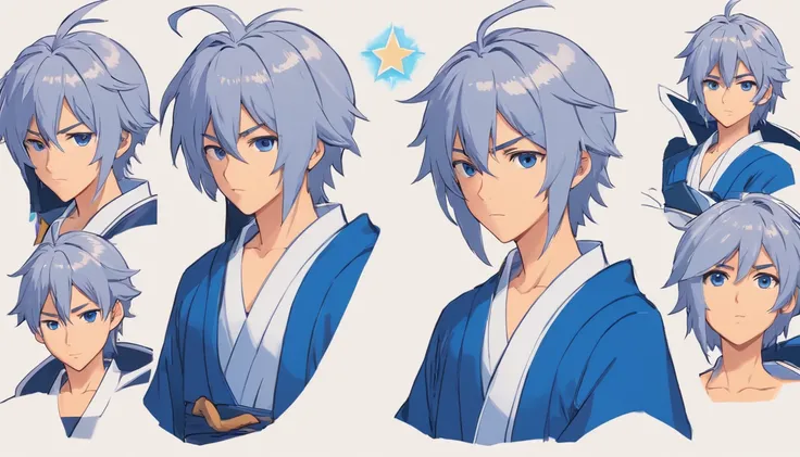 a detailed model sheet for a fantasy character. The character is a young wizard. He has long, silver hair that shimmers like the full moon, deep blue eyes, and a dark blue velvet robe with golden embroidery. He carries a magical staff with engraved runes a...