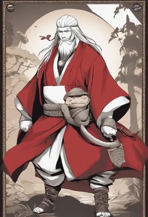 Jiraiya in "Naruto" has long, white, unruly hair, often wearing a red Hokage cloak, showcasing his status as a legendary ninja. He sports a toad-shaped pendant around his neck, symbolizing his affinity with toads and carries a distinctive scroll on his bac...