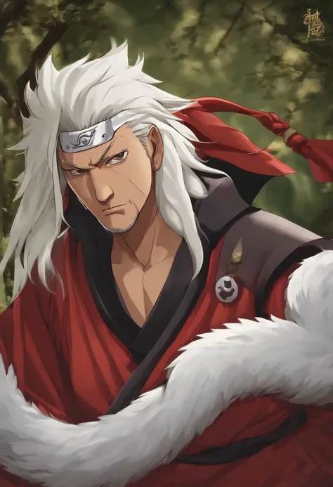 Jiraiya in "Naruto" has long, white, unruly hair, often wearing a red Hokage cloak, showcasing his status as a legendary ninja. He sports a toad-shaped pendant around his neck, symbolizing his affinity with toads and carries a distinctive scroll on his bac...