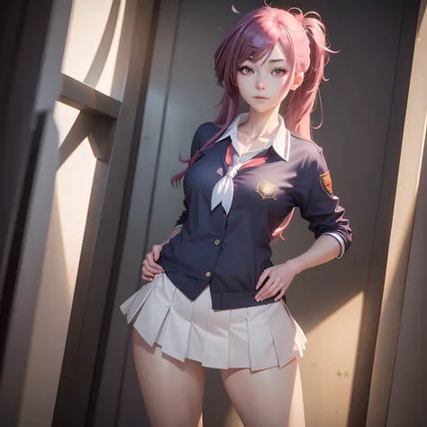 A captivating female anime character with a blissful expression, dressed in a school uniform, posed in a full body stance with ultra-detailed 3D rendering and a shimmering texture in ultra HD 8K hyper-realistic photo-realism.