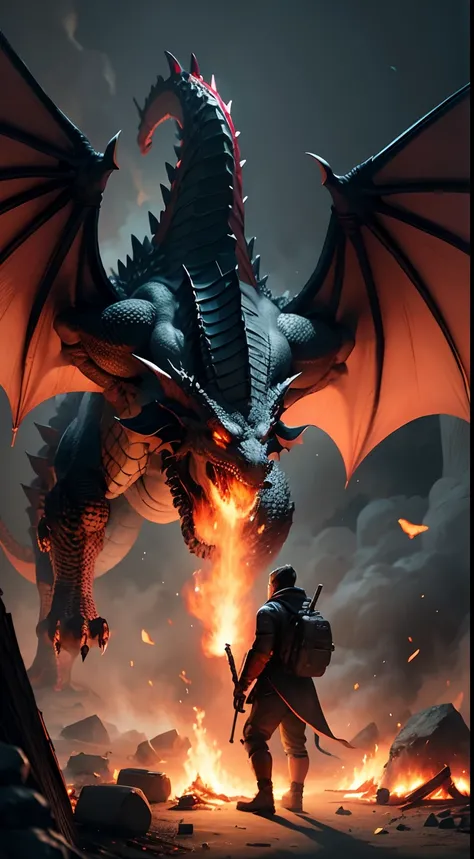 A huge Dragon walking beside the fire with a gun