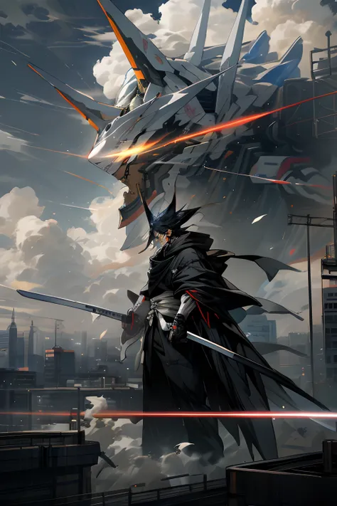 sky, cloud, holding_weapon, no_humans, glowing, robot, building, glowing_eyes, mecha, science_fiction, city, realistic,mecha, ichigo kurosaki, bleach, bankai, soul reaper, sonic boom