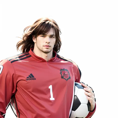 Goalkeeper in red kit, semi long brown hair, football ball