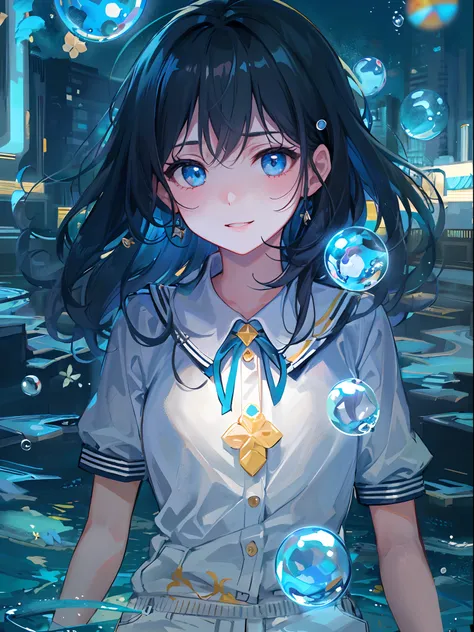 ((top-quality)), ((​masterpiece)), ((ultra-detailliert)), (extremely delicate and beautiful), girl with, 独奏, cold attitude,((Black jacket)),She is very(relax)with  the(Settled down)Looks,A dark-haired, depth of fields,evil smile,Bubble, under the water, Ai...