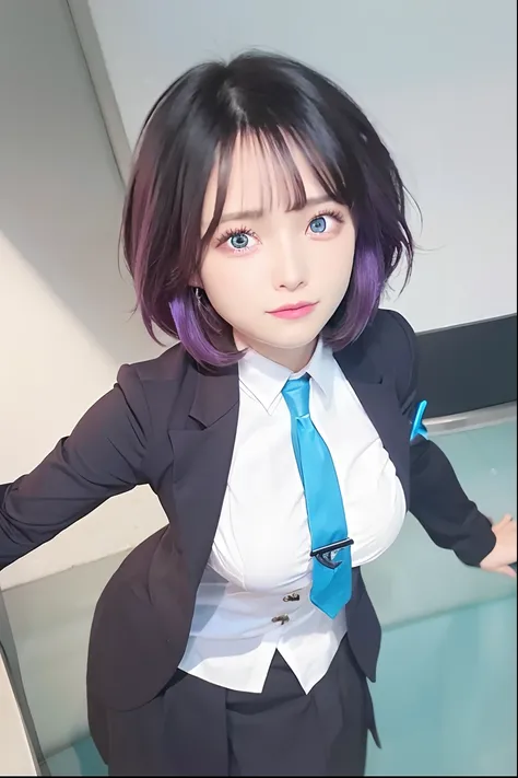 1.gril,elma,short hair, black purple hair,blue eyes,jacket black, realistic, ultra detail,