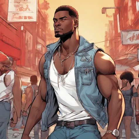 realistic style, masterpiece, best quality, 8k, artstation, sharp focus, ultrarealistic, high details, 
black skinned, street thug, A black teenager, character, very tall, muscular, with short hair, brown eyes, he has disproportionately large and scarred a...