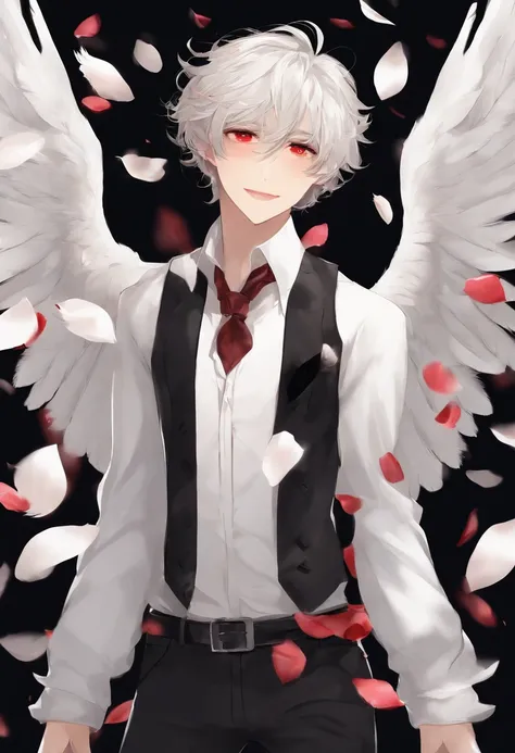 wings, 1boy, gloves, male focus, red eyes, rose petals, black wings, white hair, black gloves, confetti, feathered wings, necktie, jacket, shirt, feathers, red wings, black jacket, falling petals, smile, solo, black necktie, black feathers, belt, simple ba...