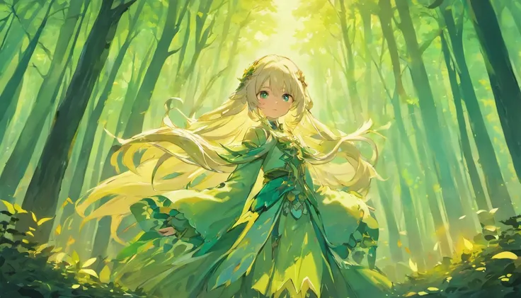 Girl with long white gold hair in fantasy costume and forest background