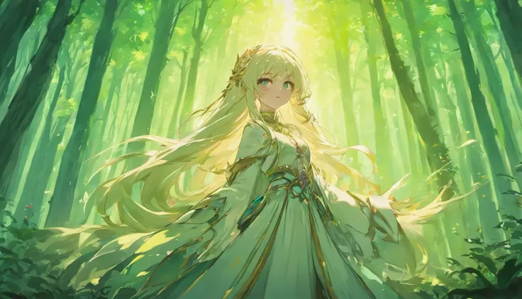 Girl with long white gold hair in fantasy costume and forest background