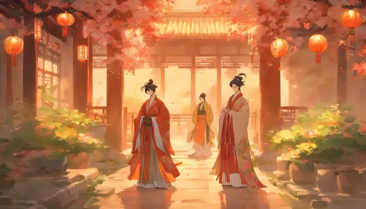 Rich gentleman in a courtyard, Traditional attire, Elegant demeanor, Exquisite garden, Calm and serene, Traditional Chinese Painting, Traditional attire, Garden scene, warm light