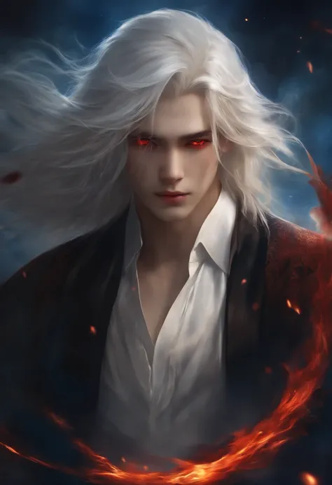 Best quality, Masterpiece, ultra-high separation rate, (photograph realistic:1.4), surrealism, Dream-like, fusionart, anime boy, long white hair, red eyes, in the dark,blue fire magic