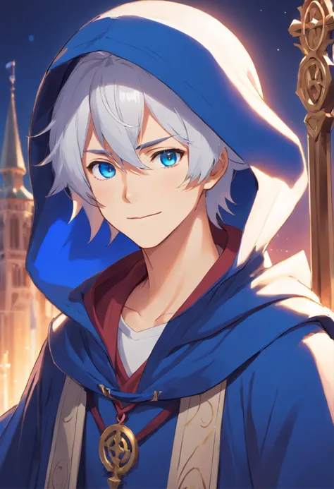 masterpiece，best qualtiy, 1boy, young man, white hair, blue eye, blue mage cloak, blue hood on head, medieval, arcane, mystical accessories, white smile, smug face