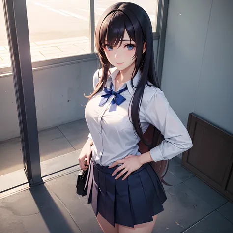 A captivating female anime character with a blissful expression, dressed in a school uniform, posed in a full body stance with ultra-detailed 3D rendering and a shimmering texture in ultra HD 8K hyper-realistic photo-realism.