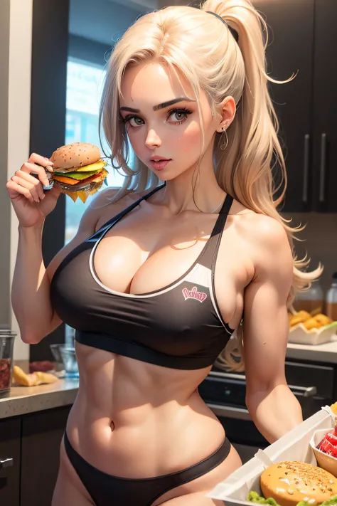 uma mulher fitness comendo hamburguer, batata frita e refrigerante