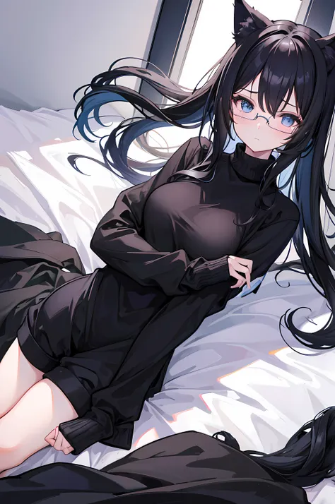 1girl, adult, black cat ears, long black hair, blue yes, glasses, wearing white turtleneck sweater, black thigh highs, no shorts, bedroom, lying on bed, absurders, high res, ultrasharp, 8k, masterpiece, looking at viewer