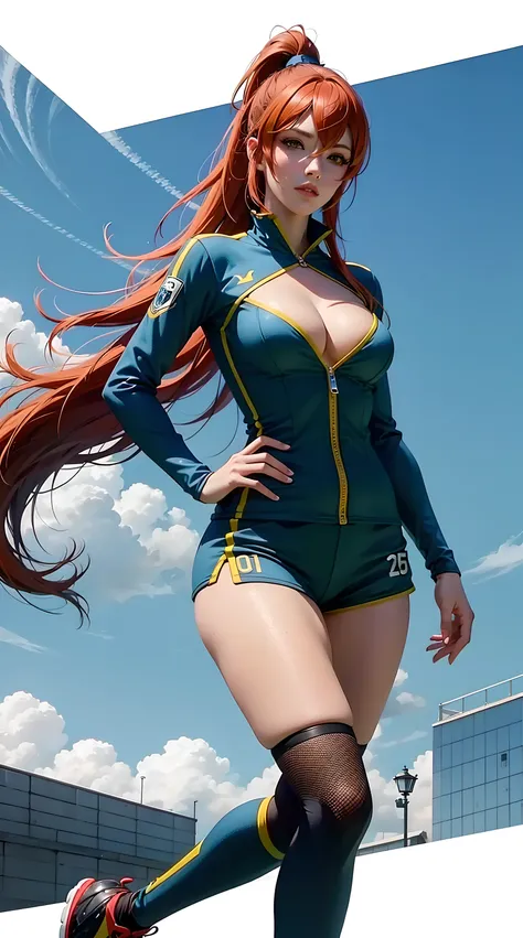 nar_terumi_mei, green eyes, hair over one eye, long hair, large breasts, cleavage, orange hiar, bangs, ponytail, beautiful woman, beautiful, perfect body, perfect breasts, wearing a soccer jersey, soccer pants, soccer shoes, is in center of football field,...