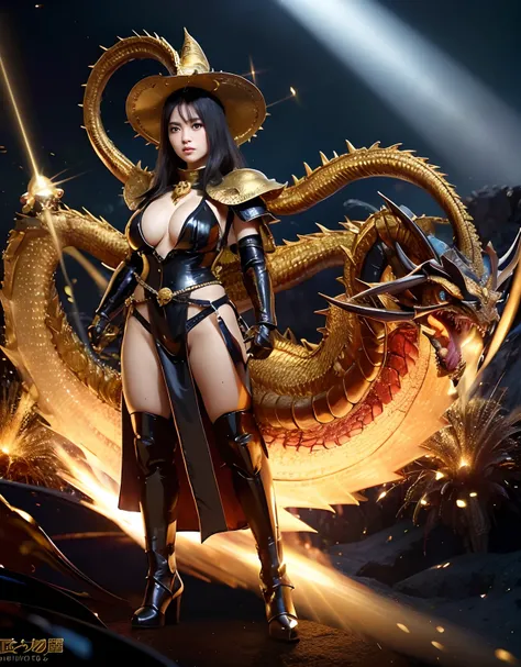 ((World of Darkness)),Professional , ​masterpiece、top-quality、photos realistic , depth of fields 、(((Fight dragons))),（Dragon Black Metal Body:1.9),(Latex Blue、（cleavage of the breast）,（Fight dragons）、Full Body Angle、(((Particles of light))),（Micro Bikini ...