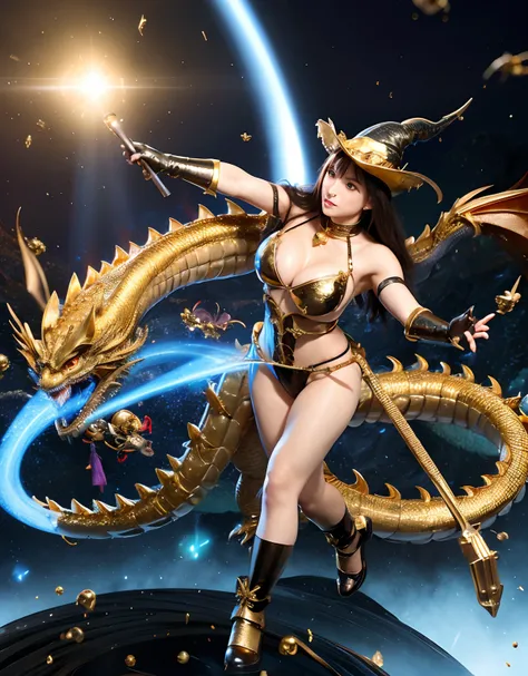 ((World of Darkness)),Professional , ​masterpiece、top-quality、photos realistic , depth of fields 、(((Fight dragons))),（Dragon Black Metal Body:1.9),(Latex Blue、（cleavage of the breast）,（Fight dragons）、Full Body Angle、(((Particles of light))),（Micro Bikini ...