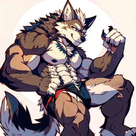 Human-wolf，musculature，Hairy all over，clawed paws，erect through