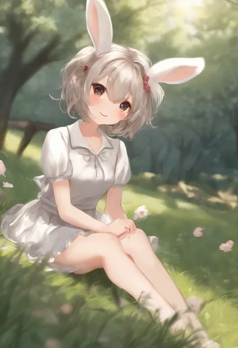 ((masterpiece, best quality)),1girl, solo, animal ears, rabbit, barefoot, skirt, sitting, rabbit ears, short sleeves, (teasing, shy, blushing: 1.3), looking at the audience, grass, short hair, gray hair, puff sleeves, outdoors, fluffy short sleeves, bangs,...