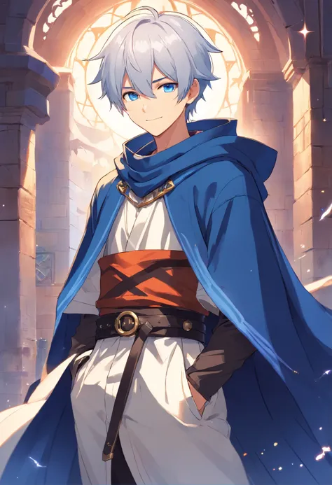 masterpiece，best qualtiy, 1boy, young man, white hair, white smile, smug face, full body, blue eye, blue mage cloak, blue hood on head, medieval, arcane, mystical accessories, star amulet on waist, black leather belt with buckle, white shirt under the cloa...