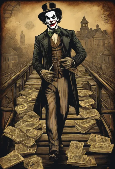 a painting of a joker on a bridge with cards in his hands, poster arte por Munch, Reddit, neoexpressionismo, A pintura do grito, O Grito, Arte Kazuo Umezu, gritar, arte assustadora em cores, arte dos quadrinhos de tim burton, butcher billy, arte do cartaz ...