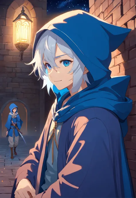 masterpiece，best qualtiy, 1boy, young man, white hair, white smile, smug face, full body, blue eye, blue mage cloak, blue hood on head, medieval, arcane, mystical accessories, brick wall, starry sky, full moon