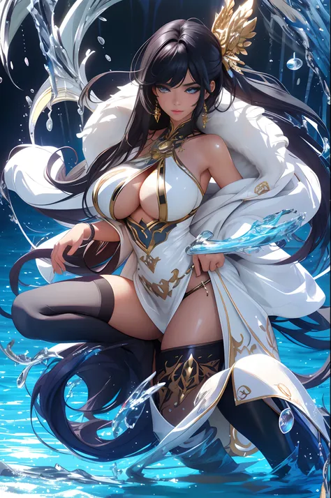 1girll, Anime fantasy artwork，Sexy swimsuit，Plump breasts，gigantic cleavage breasts:1.6， Long hair，Shiny skin:1.4，primitive，tmasterpiece，ultra fine photos，best qualtiy，超高分辨率，Photoreality，rays of sunshine，full-body portraits，stunningly beautiful，dynamicpose...