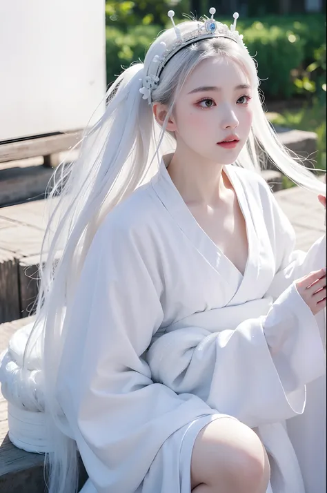 a close up of a woman wearing a white dress and a tiable, white hanfu, inspired by Wu Bin, palace ， a girl in hanfu, inspired by Wuzhun Shifan, with white skin, white porcelain skin, white skin, hanfu, with acient chinese clothes, white crown, xision wu, w...