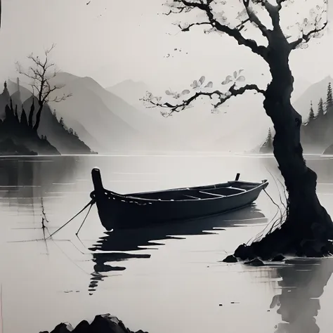 ink and watercolor painting，Draw on rice paper，Use thick and light ink to create light and dark variations and layers，Pick the right ink color，Such as deep black、Thick gray、Light coffee, etc，to express different situations and atmospheres，Control the gradi...