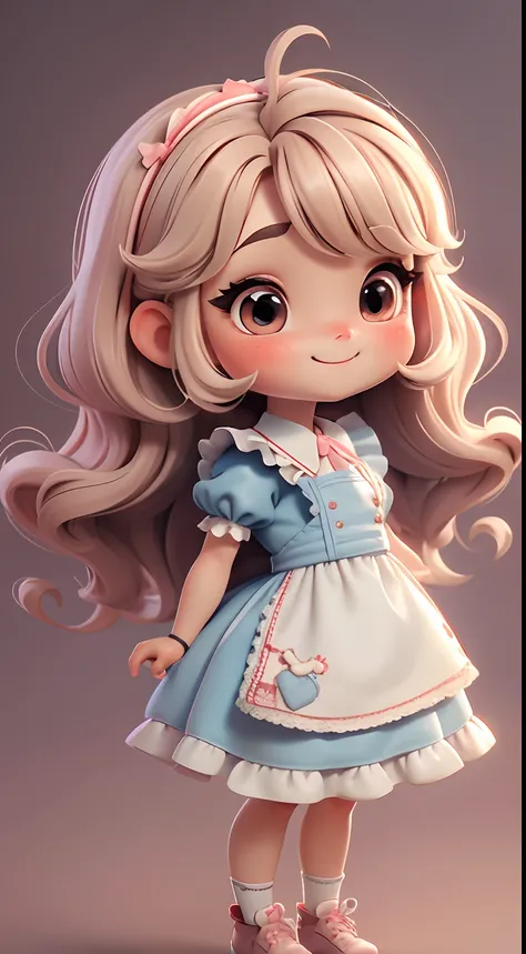 Create an 8K version of the character Loli Alice.

Chibi Alice Doll: It should look charming and cute, Keep the iconic elements of the original character. Alice Chibi should have a round face with large dimensions, light eyes, long eyelashes and rosy cheek...