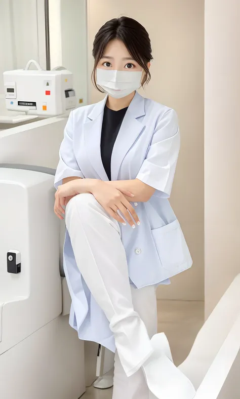 Woman in white frosted suit wearing mask, wearing white nurse uniform, healthcare worker, Wear a nurses uniform in the hospital, Sit tight,（（（Stand in the waiting room,  Stand dignified））），Portrait of a nurse, Beautiful nurse， resting after a hard mission,...