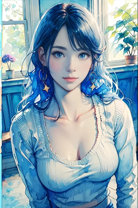 8K, masutepiece, Highest Quality, (a closeup:1.3) , 1 cute woman at 25 years old,A slight smil, A detailed eye,studying in a café, Portrait, watercolor sketch, Sunlight coming in through the window, Long wavy hair, watercolor paiting(/Medium/), watercolor ...