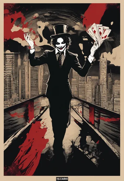 a painting of a joker on a bridge with cards in his hands, poster arte por Munch, Reddit, neoexpressionismo, A pintura do grito, o grito, Arte Kazuo Umezu, gritar, arte assustadora em cores, arte dos quadrinhos de tim burton, butcher billy, arte do cartaz ...