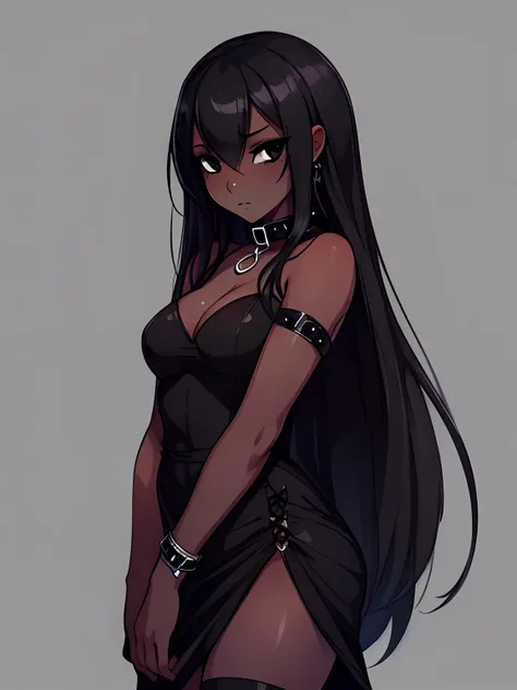 1 girl, (black skin:1.4), long hair, black eyes colour, Goth collar, goth outfit, shy, cute