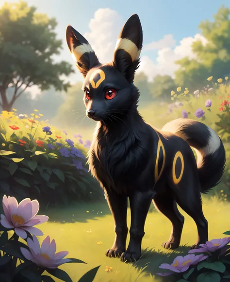 uploaded on e621, ((by Harriet Backer, by S1M, by The Giant Hamster, by Reylia Slaby)),
solo (quadruped feral:1.4), (((Umbreon), grey black body, red eyes)),
((detailed fluffy fur)), (full-length portrait, looking at viewer),
BREAK,
(grass, plant, flower, ...