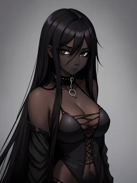 1 girl, (black skin:1.4), long hair, black eyes colour, Goth collar, goth outfit, shy, cute