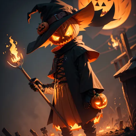 Halloween cartoon, cute pumpkin head, glowing eyes, wearing scare crow outfit, holding digging fork, black smoke Halloween background, trick or treat, 4k quality