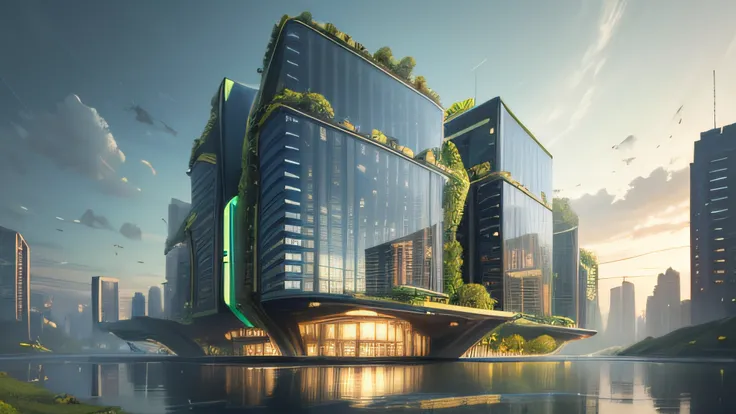 Ridiculous resolution, high resolution, (Masterpiece:1.4), Super detailed, Future City Project, Green space and glass building