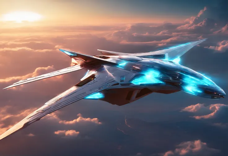 Futuristic aircraft stealth bomber, velocity, Super Flying Machine, with light glowing, design sense,Fly in the sky Ultra HD HDR 8K