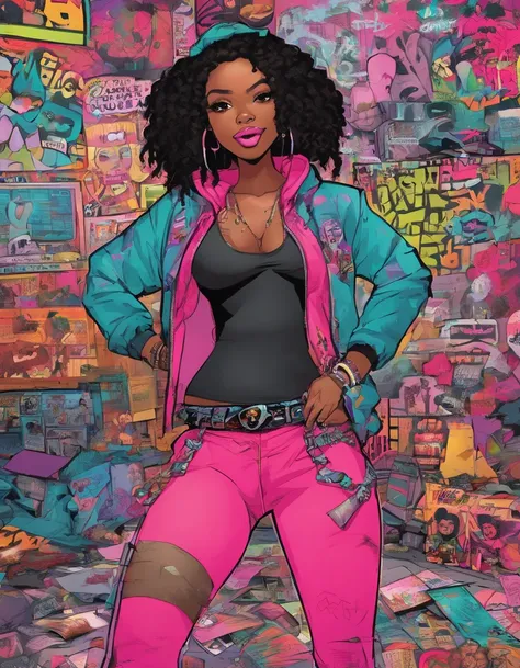 (best quality), big head, face happiness, short bob hair, (short girl with huge breasts:1.2) dark skinned girl in a punk outfit, in a graffiti street, from back, slightly chubby, two toned hair(black:1.3, neon pink:1.3), beanie with a skull logo, wide hips...